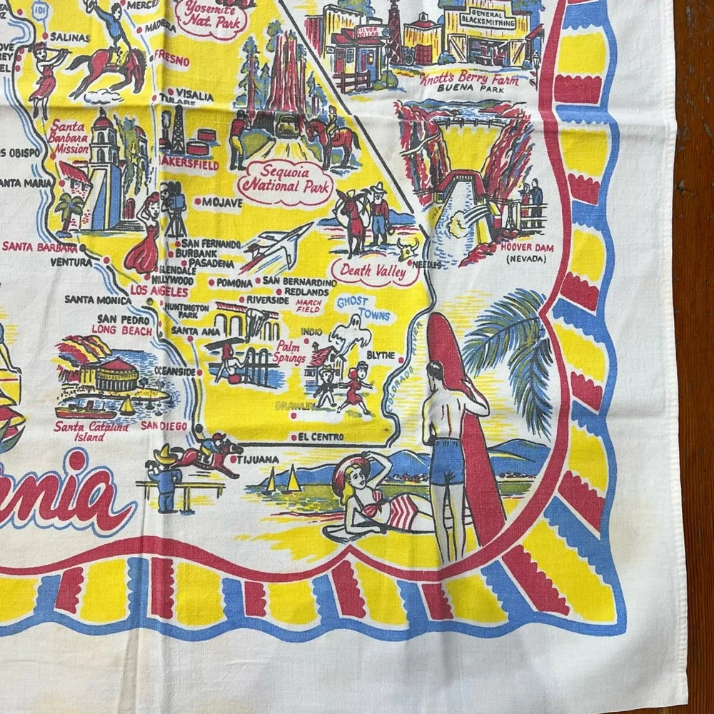 California Vintage Souvenir Map tablecloth red and Yellow Cotton